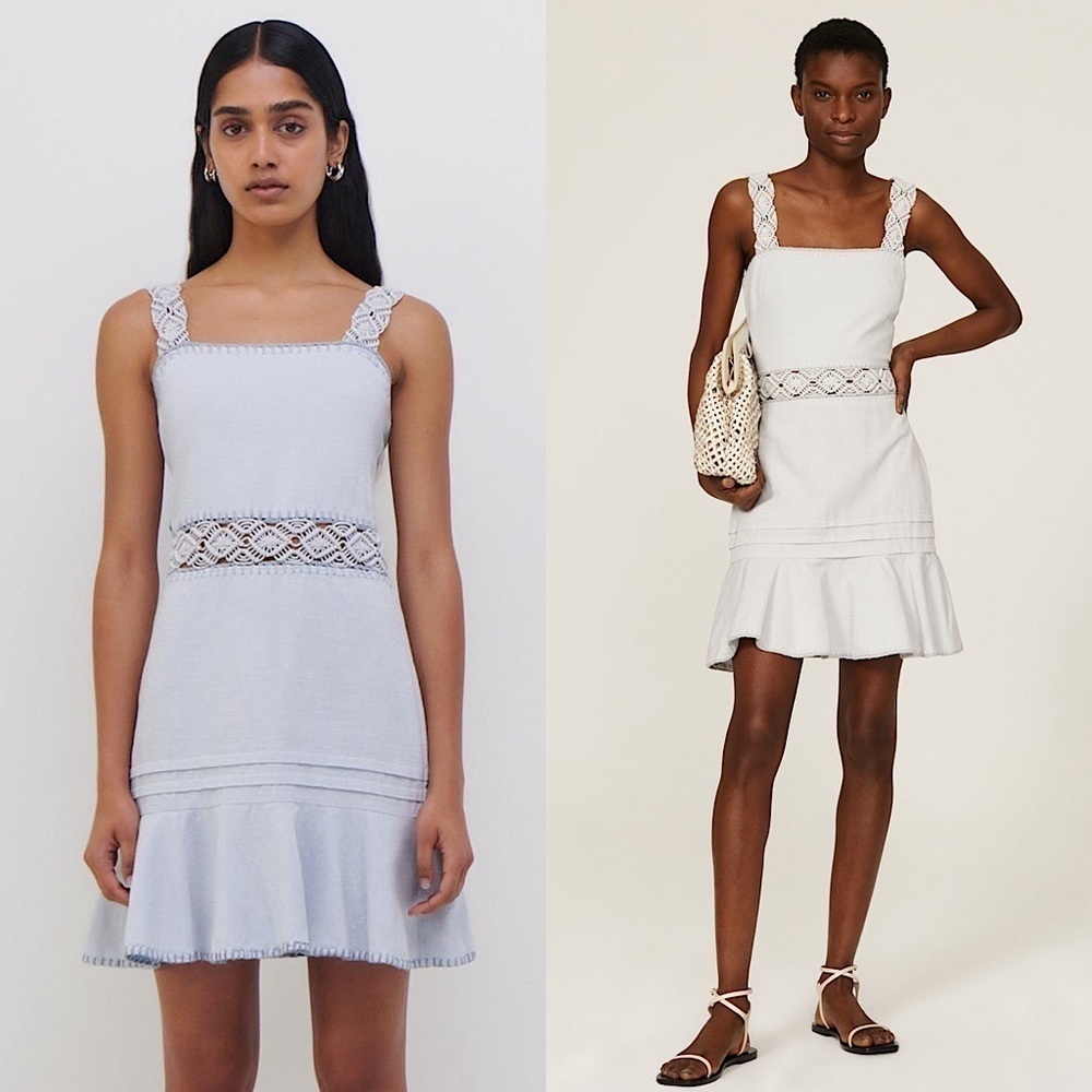 JONATHAN SIMKHAI Macrame Detail Square Neck Sleeveless Ruffle‎ Flare Hem Dress 0